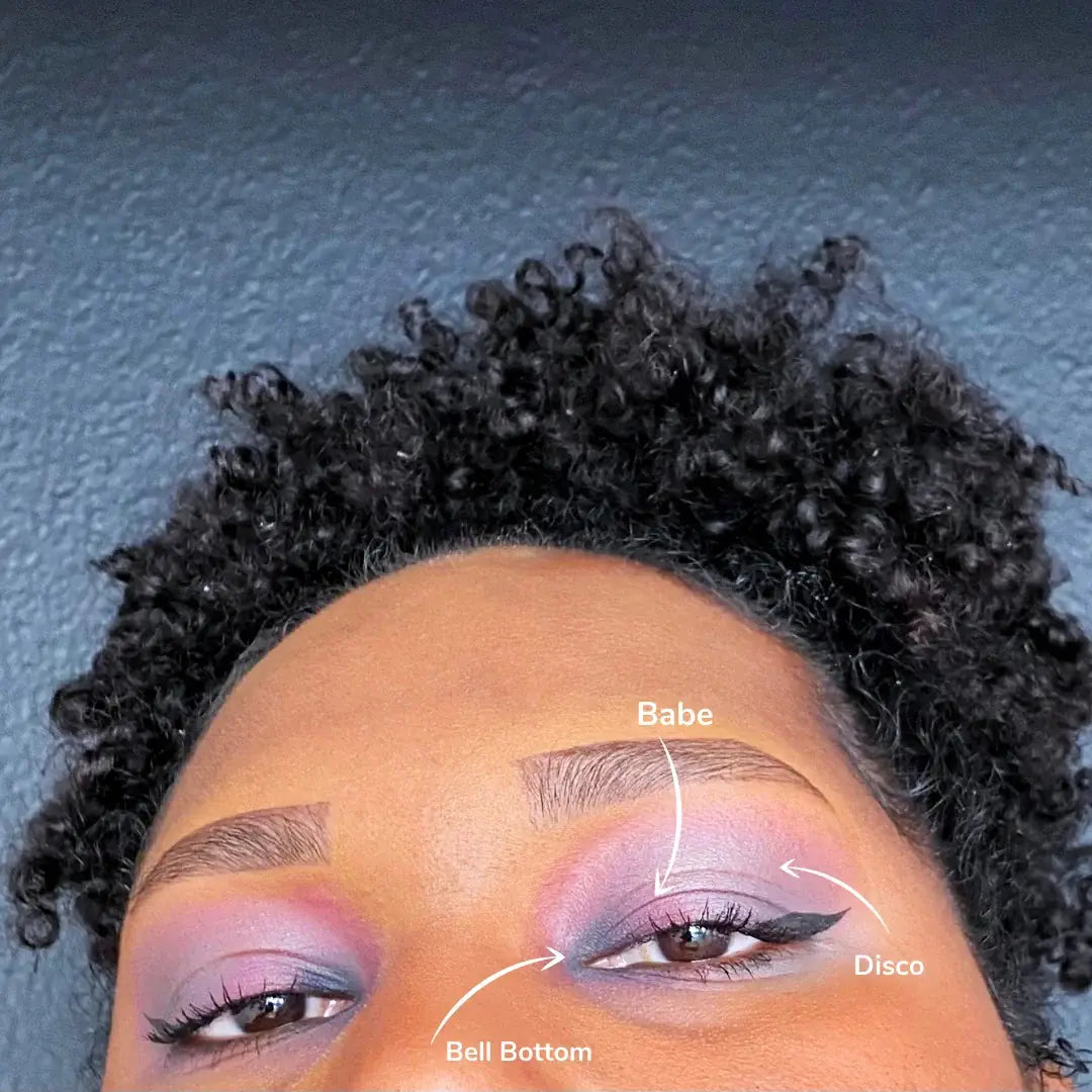 Close-up of a person's face with makeup labeled 'Babe', 'Bell Bottom', and 'Disco' against a blue background. Roller babe Collection