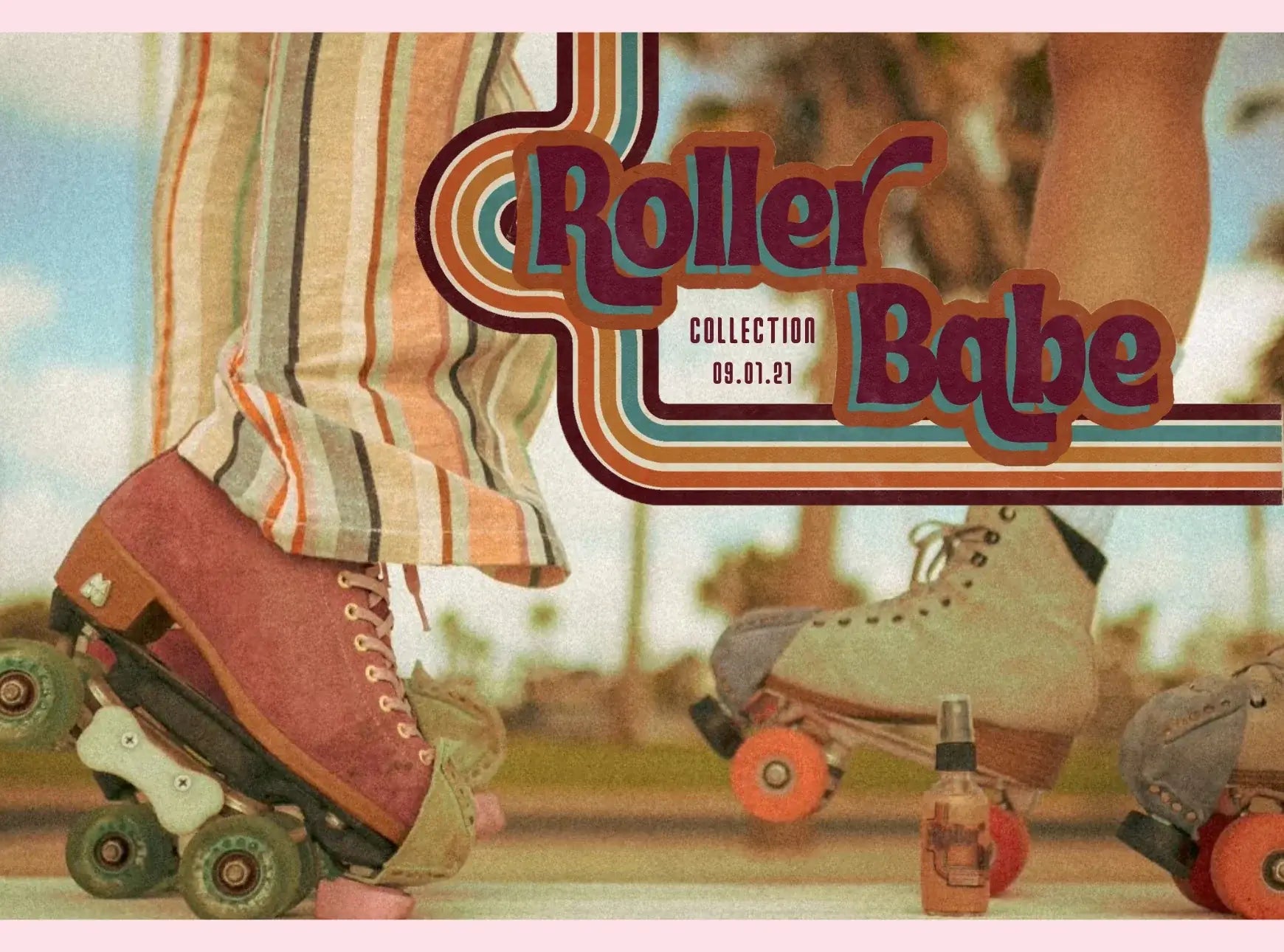 Vintage-style advertisement for 'Roller Babe' with retro roller skates and a bottle.