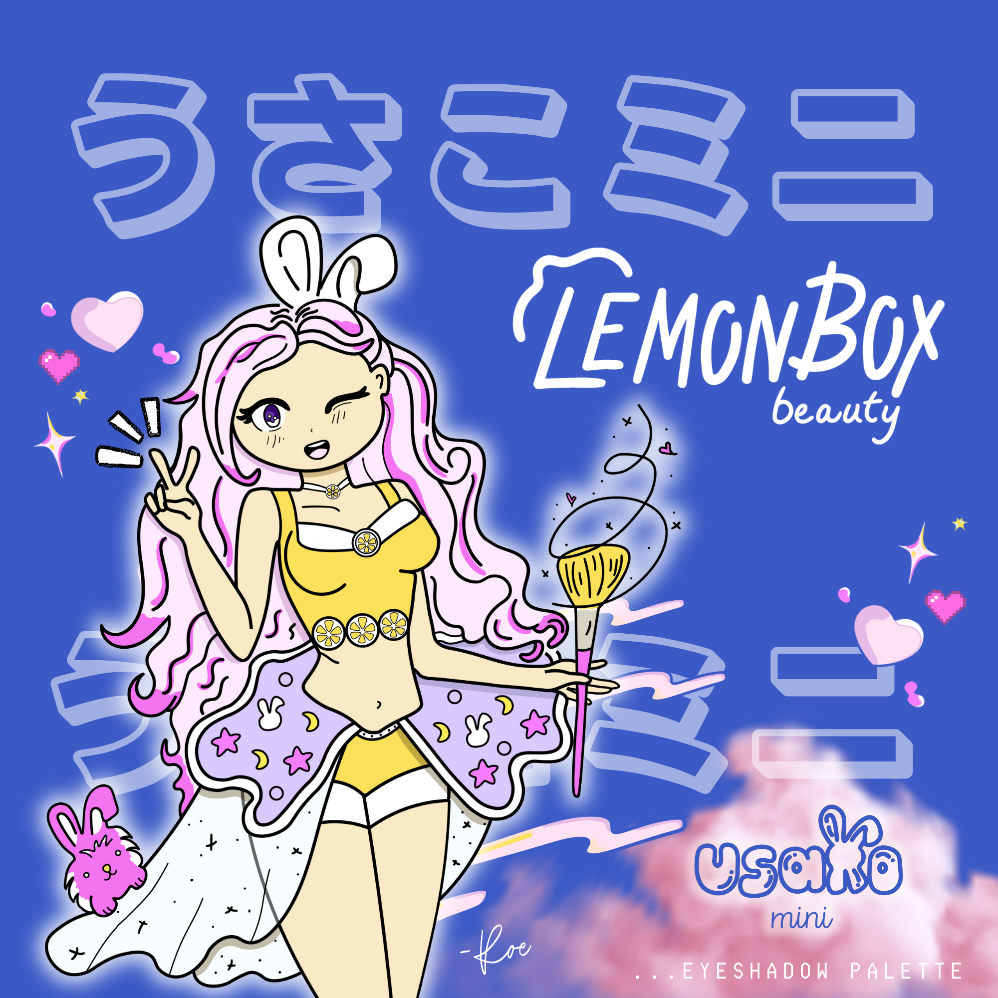 Cartoon character with rabbit ears holding a makeup brush against a blue background with 'LemonBox beauty' branding.