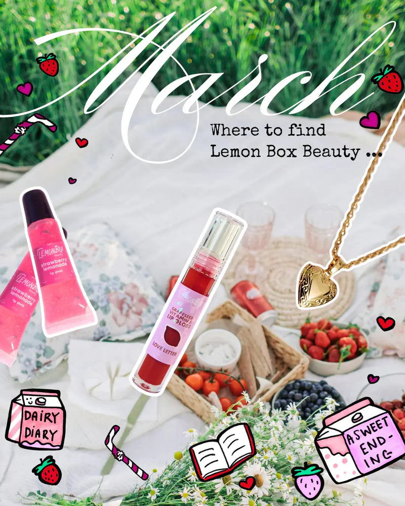 Promotional image for Lemon Box Beauty with lip products and a picnic setup.