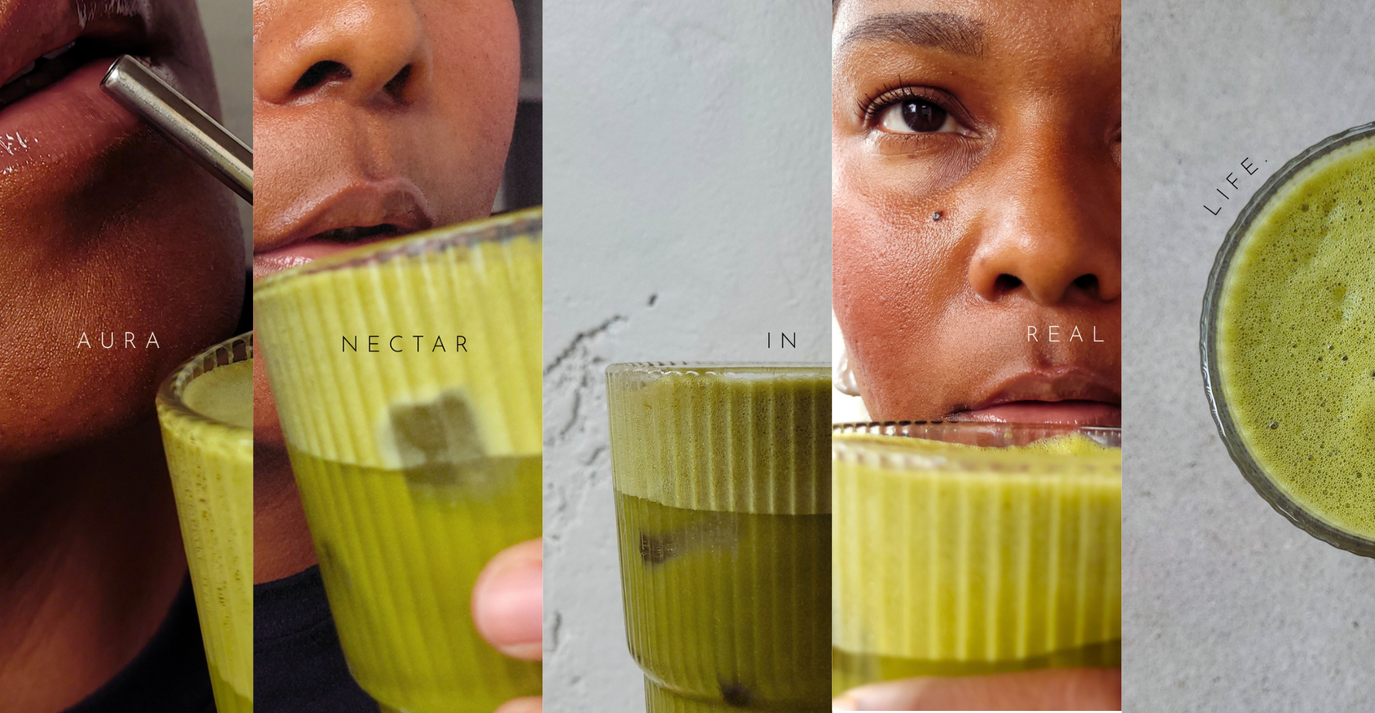 Collage of a person drinking from a green matcha with text labels on a gray background
