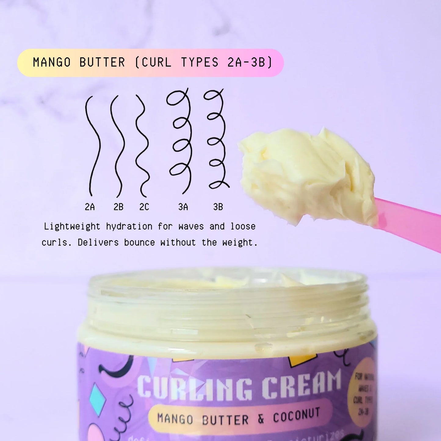 An infographic showing a jar of Mango Butter Curling Cream with a scoop of the product on a pink spatula. Above the jar is a chart illustrating curl patterns 2A through 3B with text explaining its lightweight hydration benefits.