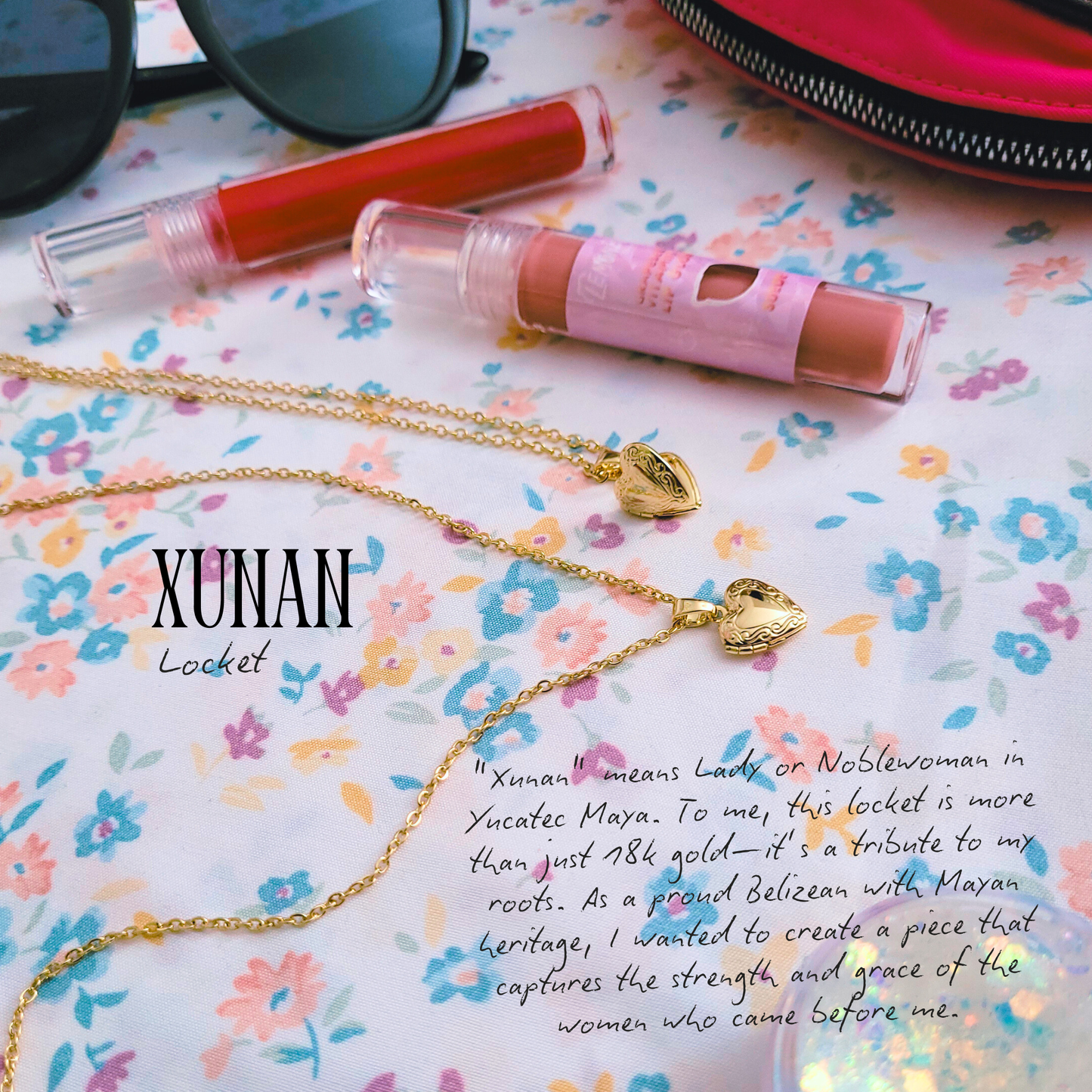 Lip glosses and a necklace with 'Xunan Locket' text on a floral background
