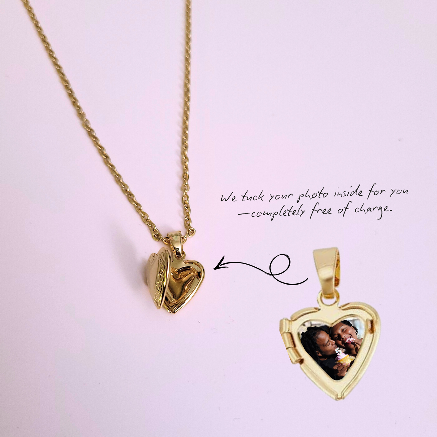 Gold heart-shaped locket with a photo inside on a pink background