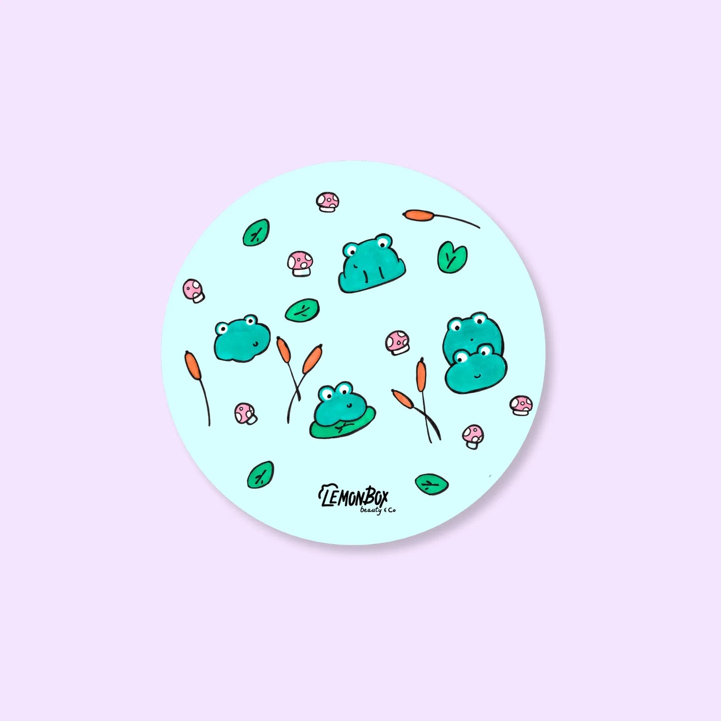 Round sticker with cartoon frogs and plants on a light pink background