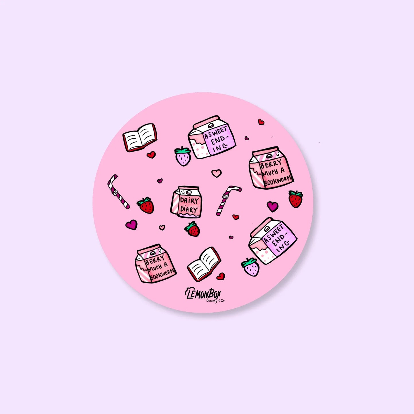 Circular pink sticker with cartoon illustrations and text on a pink background