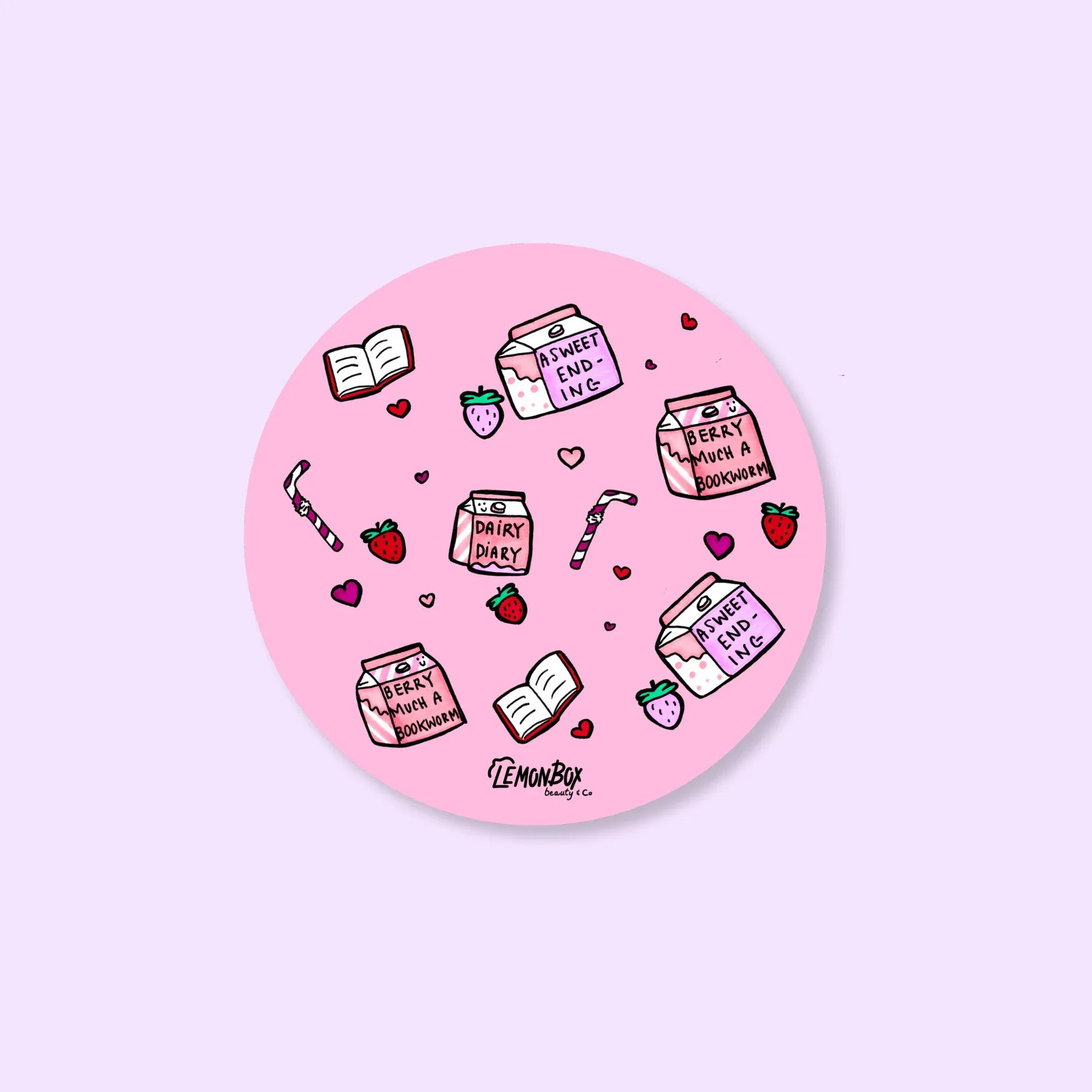 Circular pink sticker with cartoon illustrations and text on a pink background
