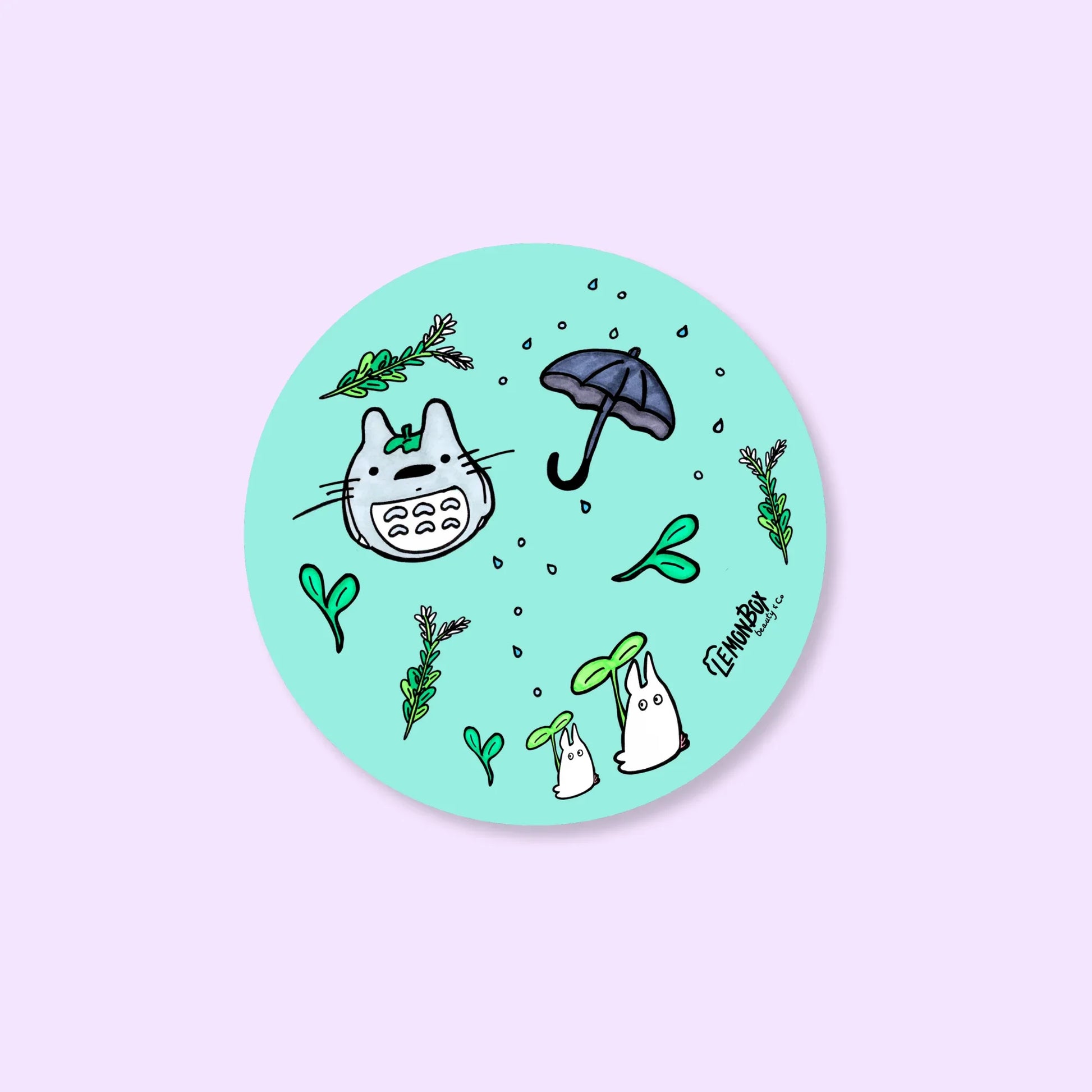 Circular sticker with cartoon characters and plants on a light blue background