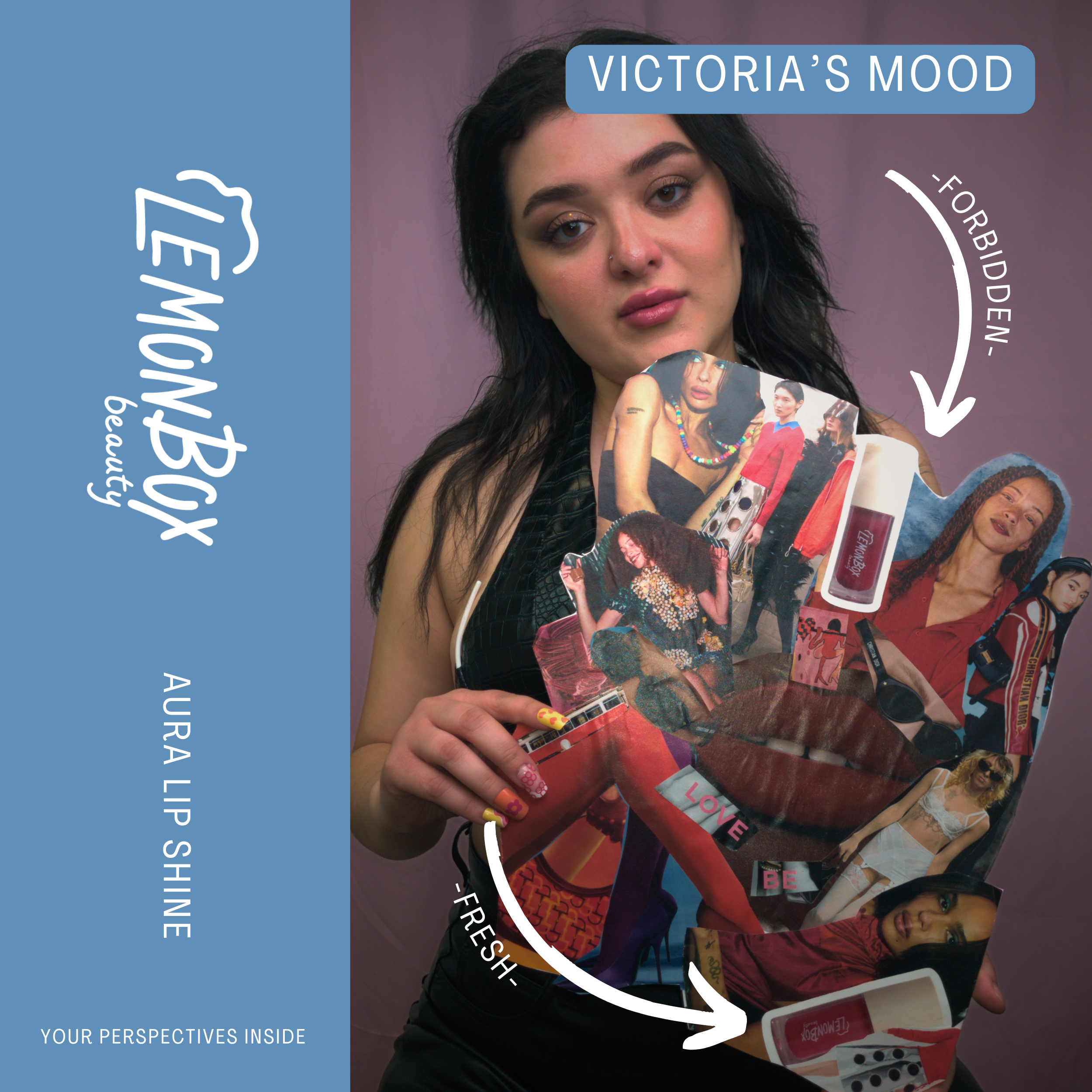 Woman holding a colorful product with 'Lemon Box Beauty' branding and text about 'Victoria's Mood'.
